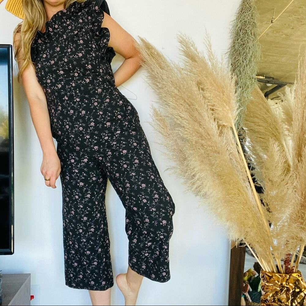 REBECCA TAYLOR Pink Floral Navy Blue Ruffle One Sleeve Crop Wide Leg Jumpsuit 4
